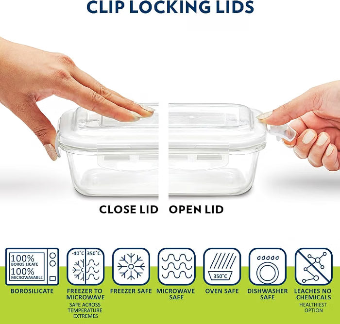 Borosil Square Glass Lunch Box, 2 x 320 ml