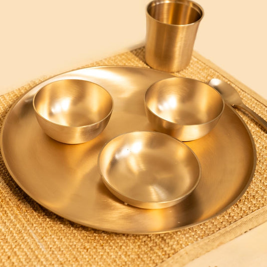 Pure Kansa Thali Set — 6 Pieces (Thali, Bowls, Dessert Bowl, Spoon & Glass)