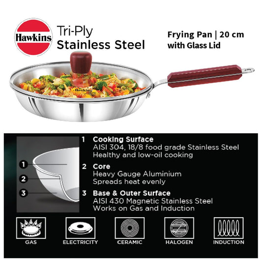 Hawkins Tri-Ply Stainless Steel (With Shielded Nonstick) Frying Pan With Lid