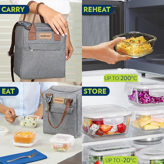 Borosil Gourmet Square Glass Lunch Box with Glass Bottle, 4 pc