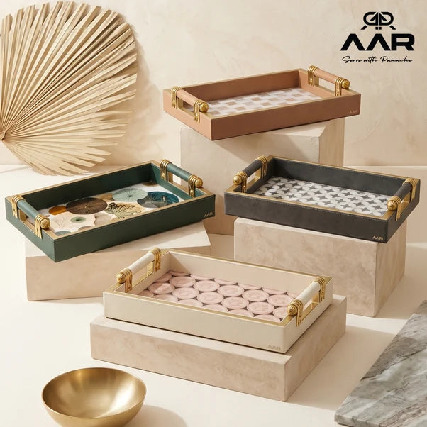 AAR Leatherite Rectangle Tray Set of 2 with Golden Handle