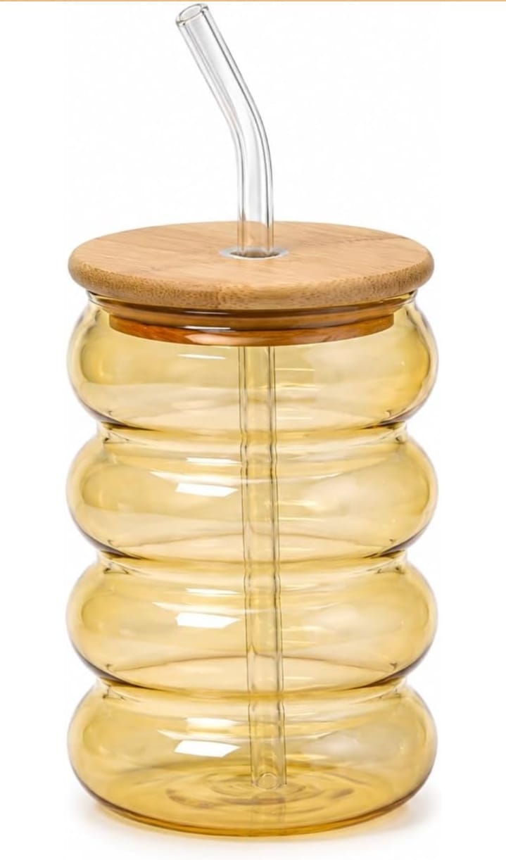Bubble Design Glass Tumbler with Bamboo Lid & Glass Straw (Set of 3 · Buy 1 Get 2 Free)