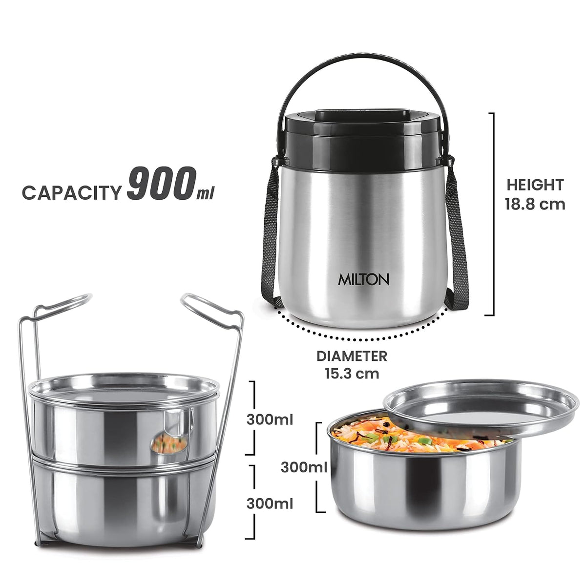 Milton Steel Classic-3 Thermoware Tiffin, 3 x 320 ml