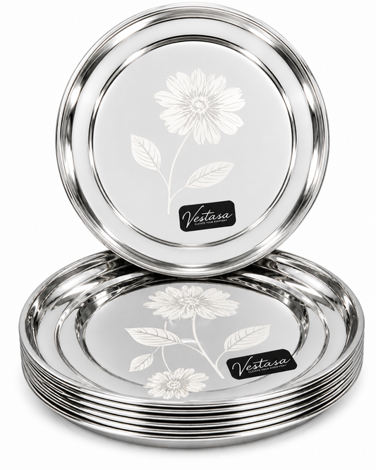 Vestasa Stainless Steel Full Plate, Round, Mirror Finish, Set of 6