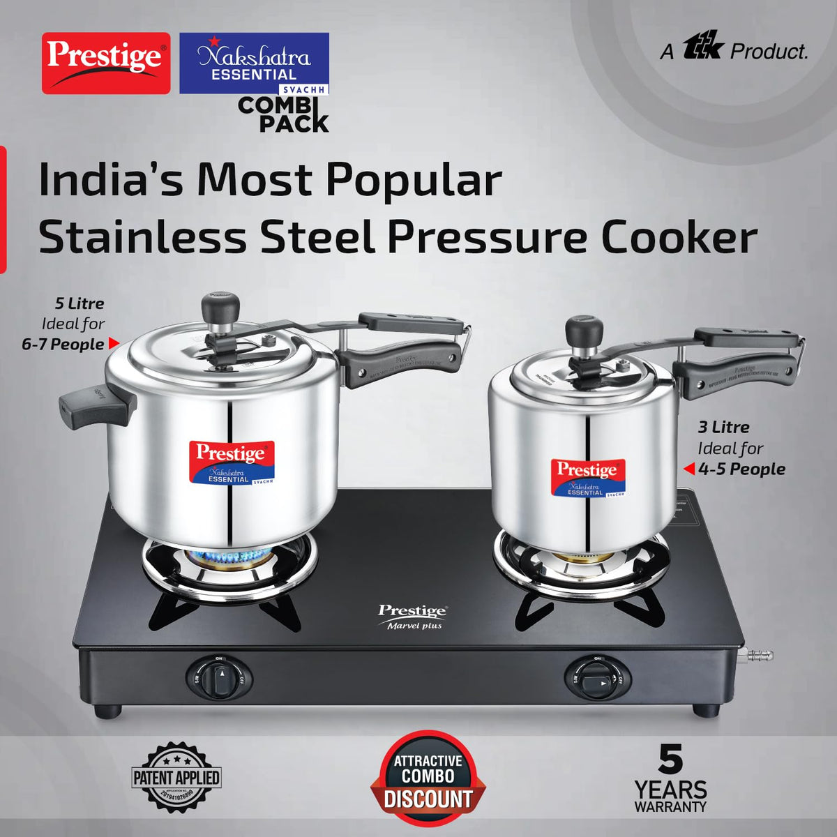 Prestige Nakshatra Essential Svachh Stainless Steel Pressure Cooker Combo — 5L + 3L