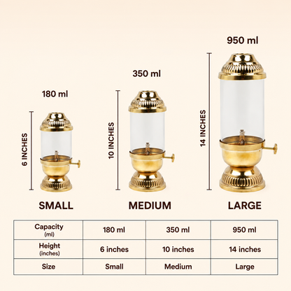 Brass Akhand Jyot Oil Lamp with Adjustable Wick — Fluted Dome Lantern