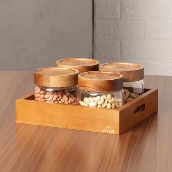 AAR Woodish Square Dry Fruit Set - 4 Jar