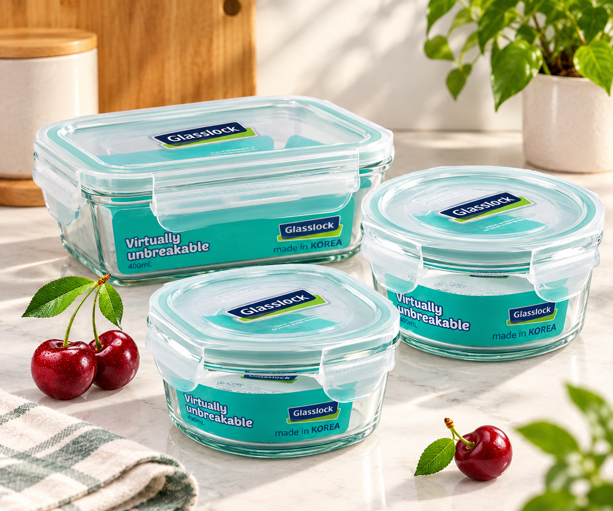 Glasslock Glass Tiffin Set of 3 — Airtight Lunch & Fruit Boxes