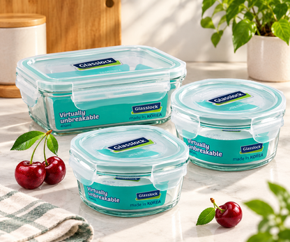 Glasslock Glass Tiffin Set of 3 — Airtight Lunch & Fruit Boxes