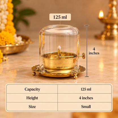 Brass Akhand Jyot Oil Lamp with Adjustable Wick — Compact Dome