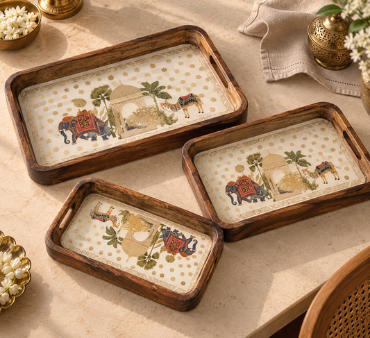 Elephant Print Mango Wood Serving Trays, Set of 3 (S, M, L)