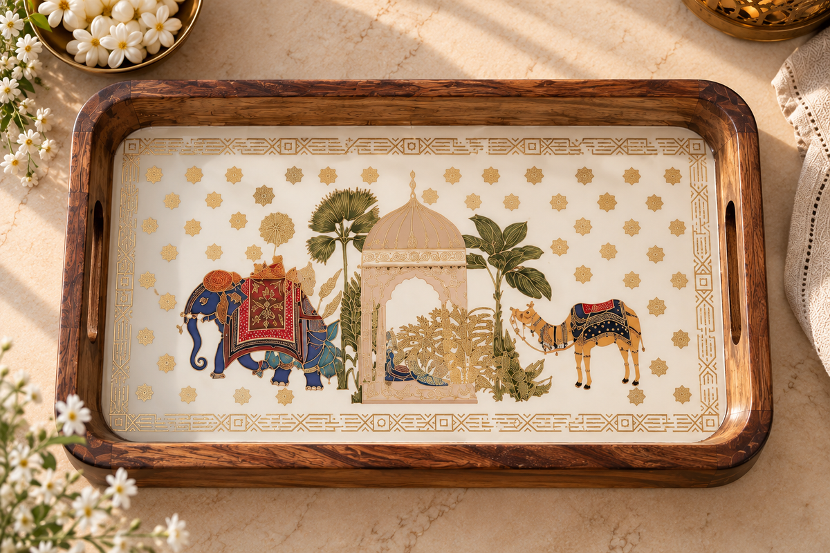 Elephant Print Mango Wood Serving Trays, Set of 3 (S, M, L)
