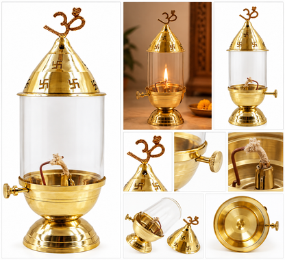 Brass Akhand Jyot Oil Lamp with Adjustable Wick — Om & Swastik Tower