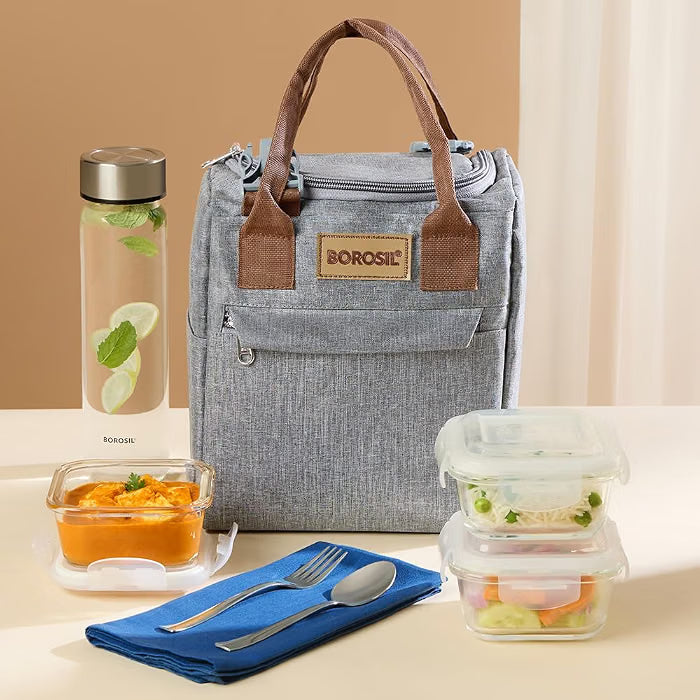 Borosil Gourmet Square Glass Lunch Box with Glass Bottle, 4 pc