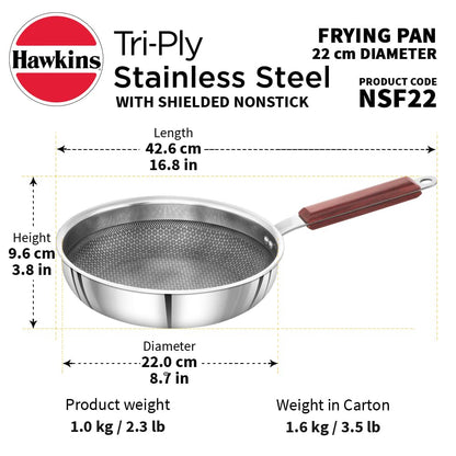 Hawkins Tri-Ply Stainless Steel (With Shielded Nonstick) Frying Pan Without Lid