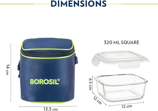 Borosil Square Glass Lunch Box, 2 x 320 ml