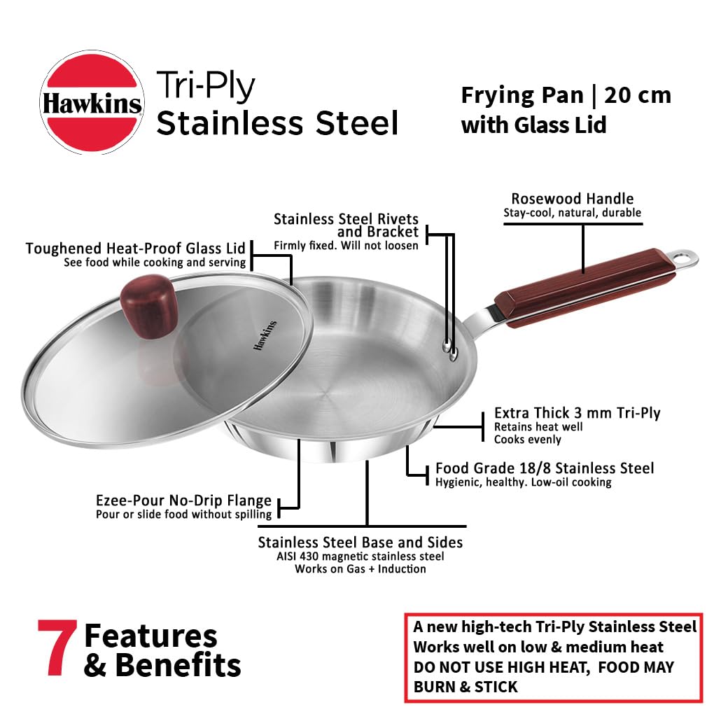 Hawkins Tri-Ply Stainless Steel (With Shielded Nonstick) Frying Pan With Lid