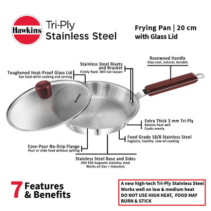 Hawkins Tri-Ply Stainless Steel (With Shielded Nonstick) Frying Pan With Lid