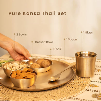 Pure Kansa Thali Set — 6 Pieces (Thali, Bowls, Dessert Bowl, Spoon & Glass)