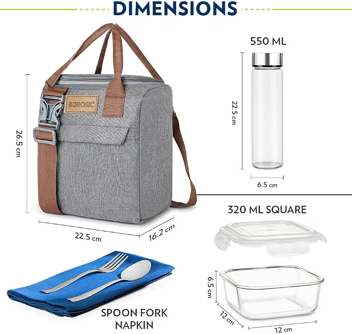 Borosil Gourmet Square Glass Lunch Box with Glass Bottle, 4 pc