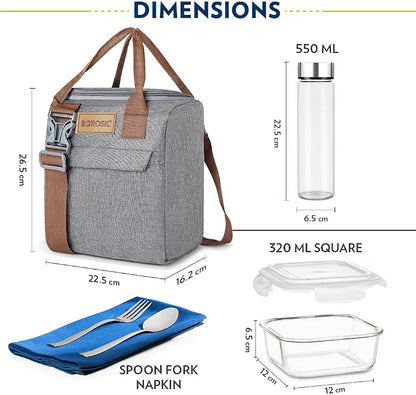 Borosil Gourmet Square Glass Lunch Box with Glass Bottle, 4 pc