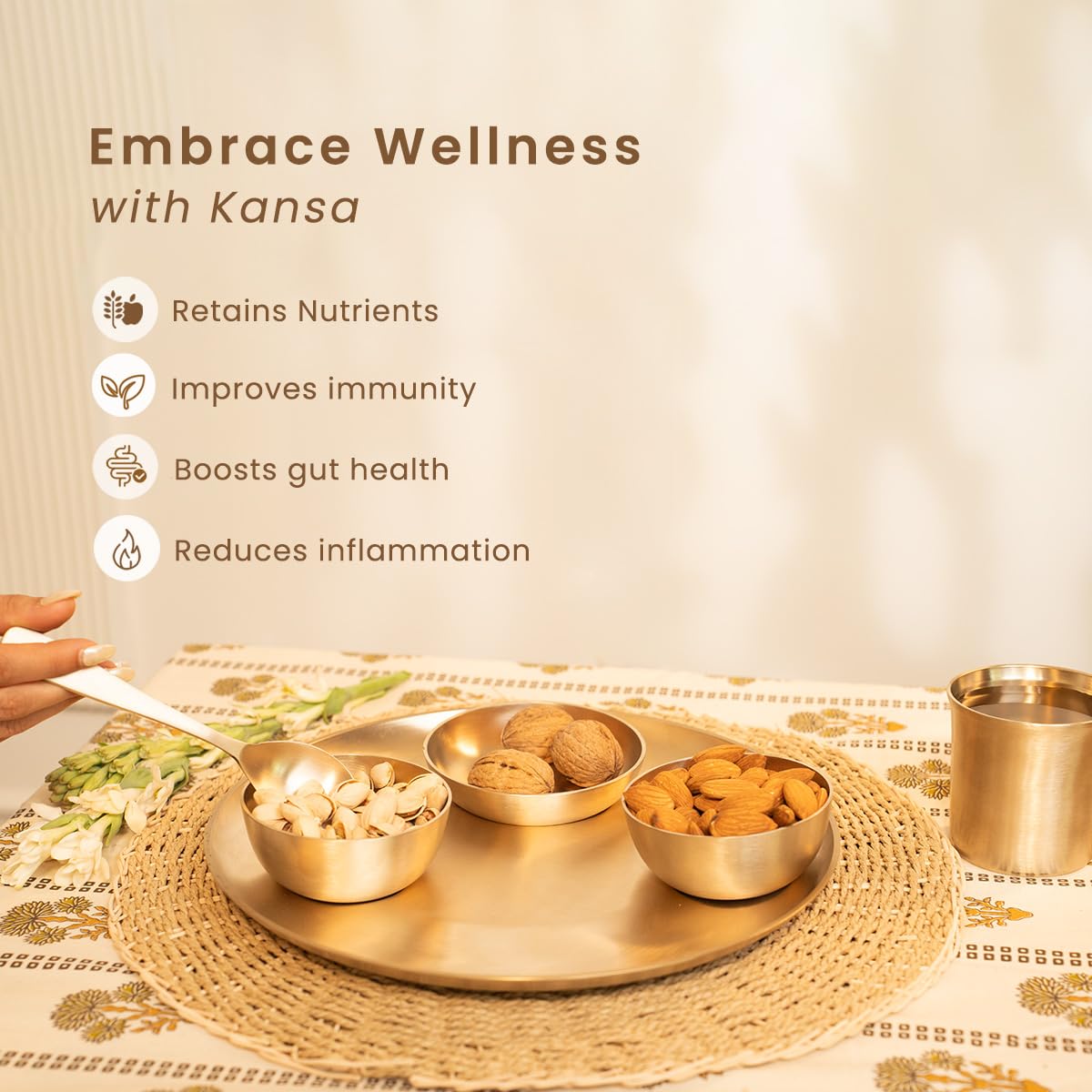Pure Kansa Thali Set — 6 Pieces (Thali, Bowls, Dessert Bowl, Spoon & Glass)