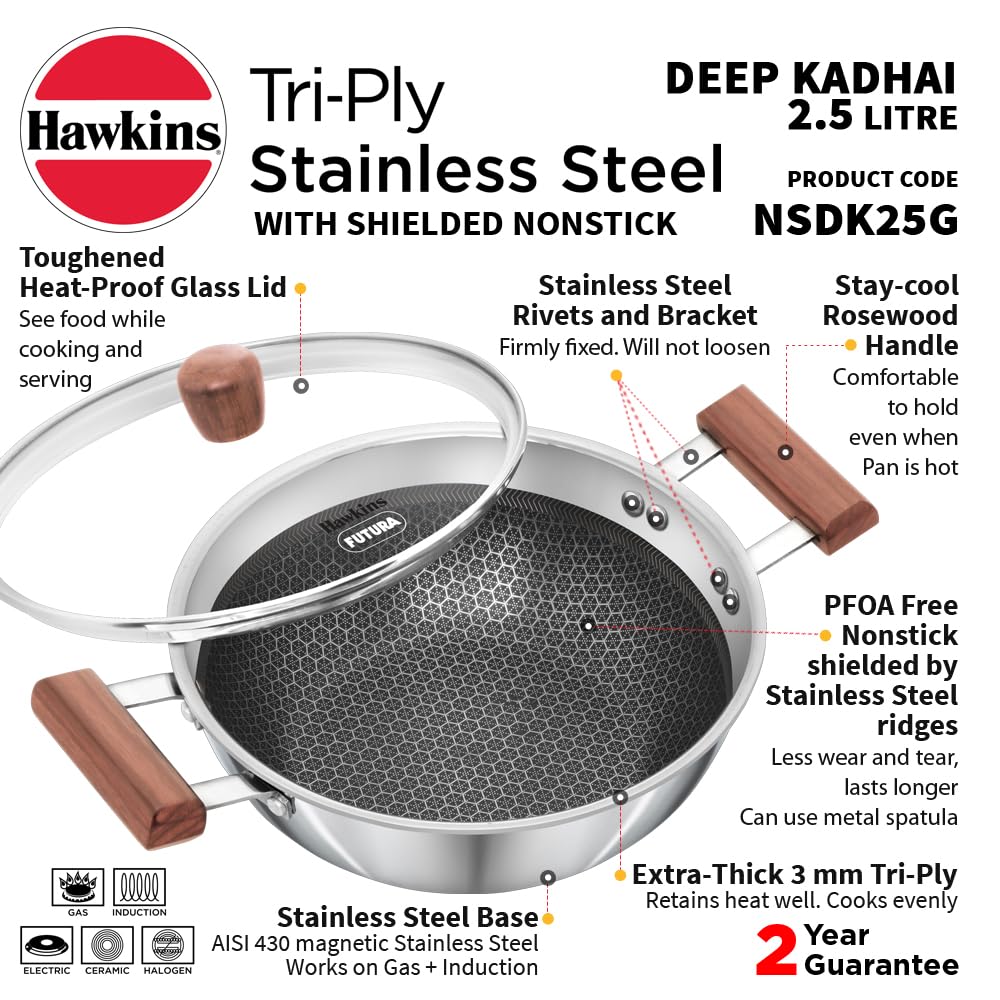 Hawkins Tri-Ply Stainless Steel (With Shielded Nonstick) Deep Kadhai