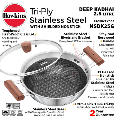 Hawkins Tri-Ply Stainless Steel (With Shielded Nonstick) Deep Kadhai