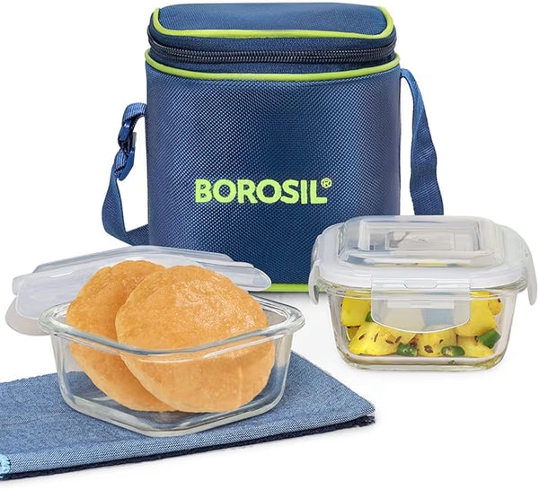 Borosil Square Glass Lunch Box, 2 x 320 ml