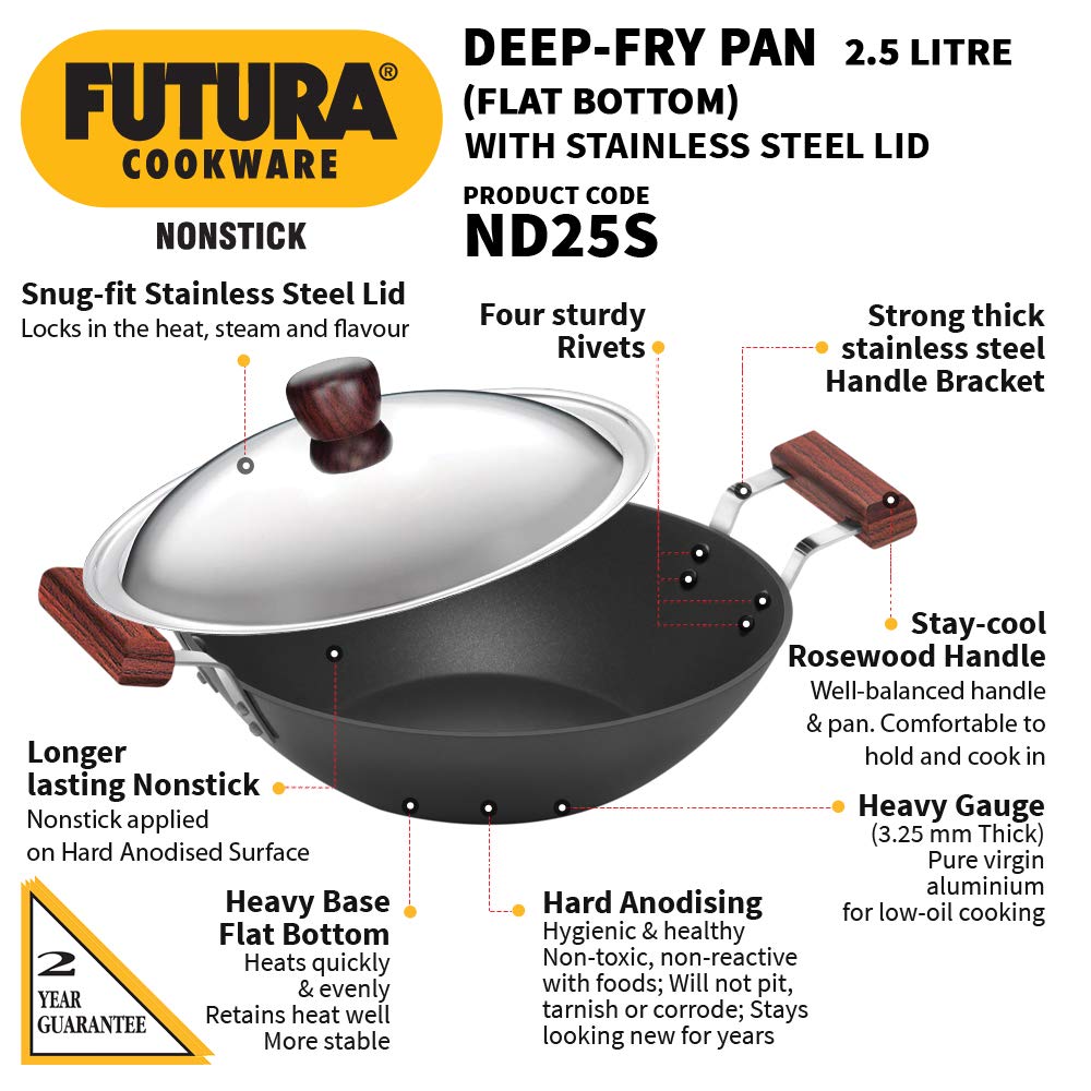 Hawkins Futura Nonstick Deep-Fry Pan (Flat Bottom) With Lid