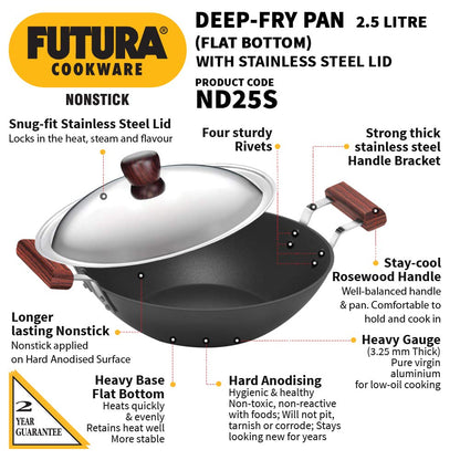 Hawkins Futura Nonstick Deep-Fry Pan (Flat Bottom) With Lid