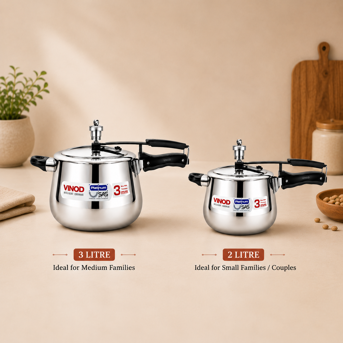 Vinod Platinum Tri-Ply Pressure Cooker — Buy 5L, Get 3L Free