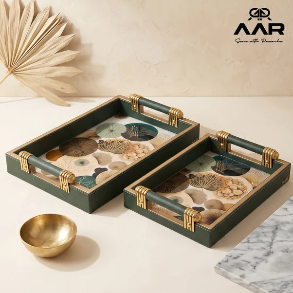 AAR Leatherite Rectangle Tray Set of 2 with Golden Handle