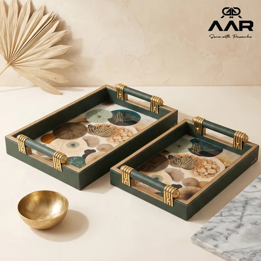 AAR Leatherite Rectangle Tray Set of 2 with Golden Handle