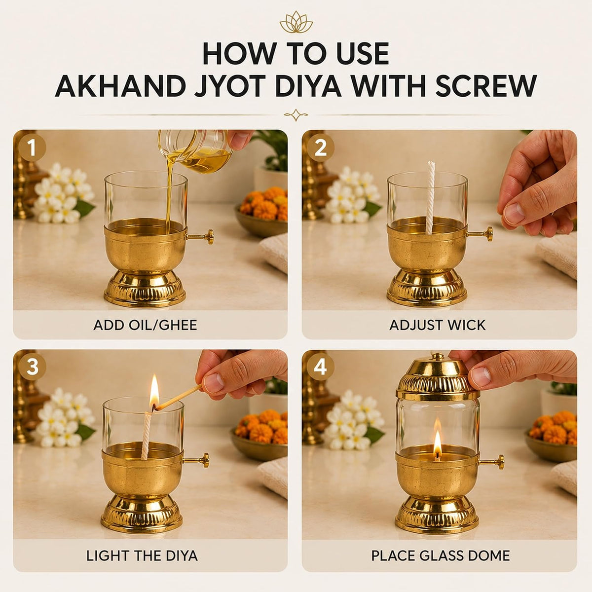 Brass Akhand Jyot Oil Lamp with Adjustable Wick — Fluted Dome Lantern