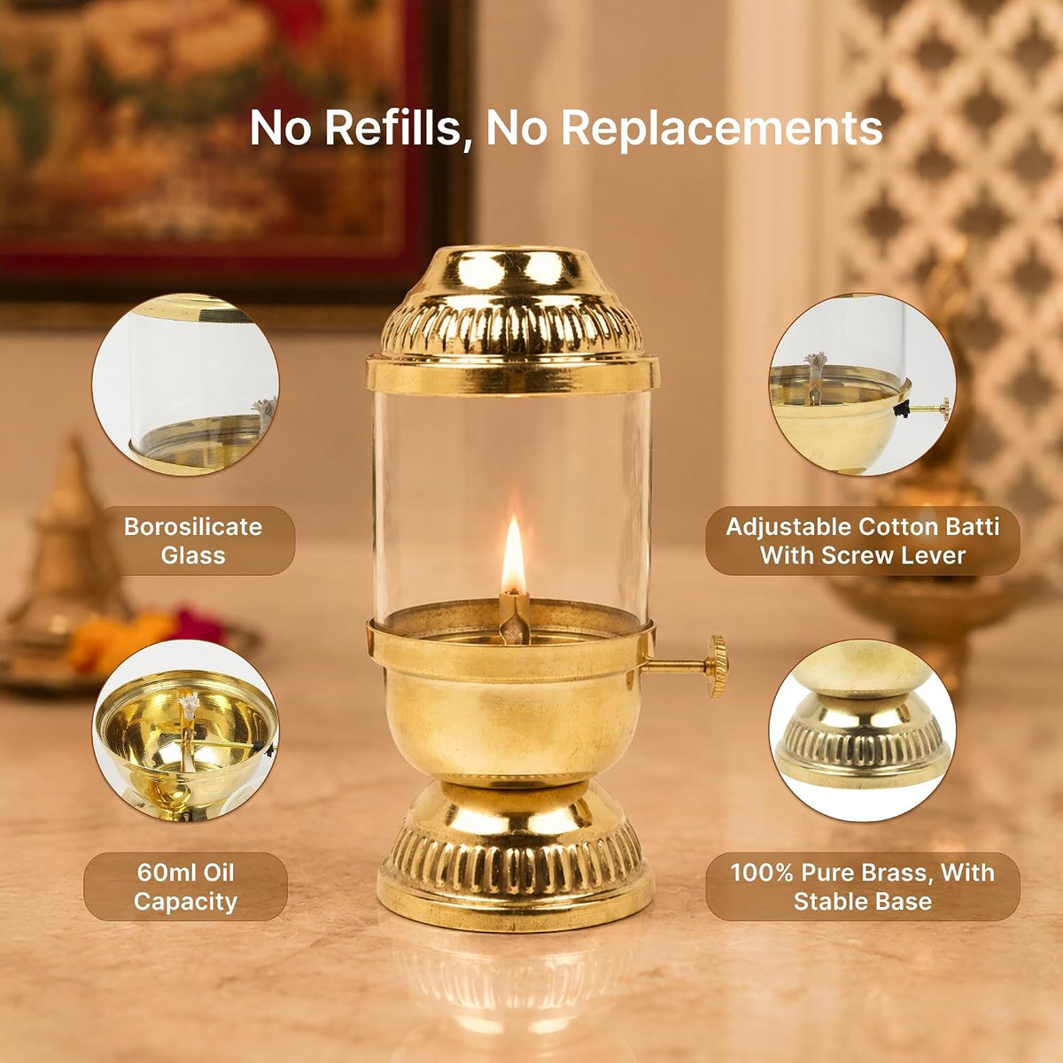 Brass Akhand Jyot Oil Lamp with Adjustable Wick — Fluted Dome Lantern