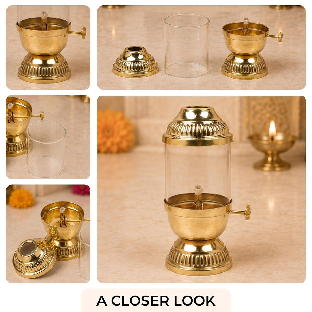 Brass Akhand Jyot Oil Lamp with Adjustable Wick — Fluted Dome Lantern