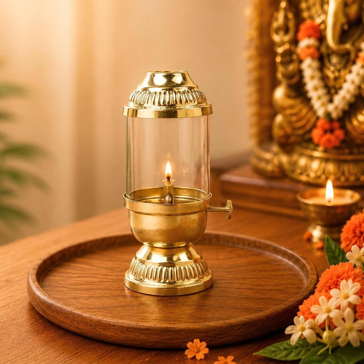 Brass Akhand Jyot Oil Lamp with Adjustable Wick — Fluted Dome Lantern