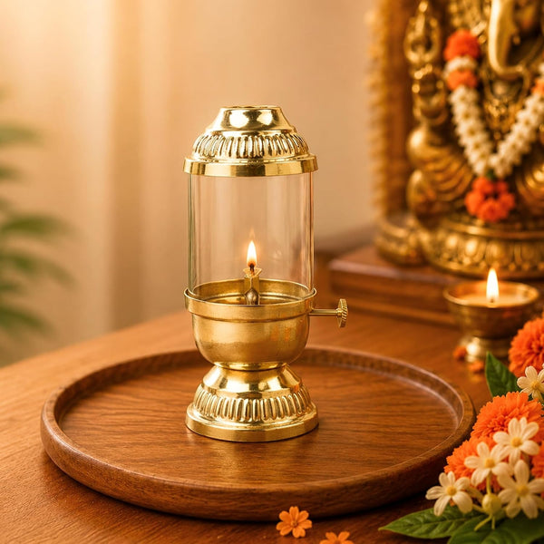 Brass Akhand Jyot Oil Lamp with Adjustable Wick — Fluted Dome Lantern
