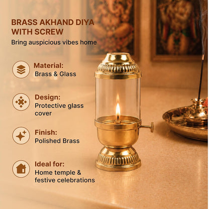Brass Akhand Jyot Oil Lamp with Adjustable Wick — Fluted Dome Lantern