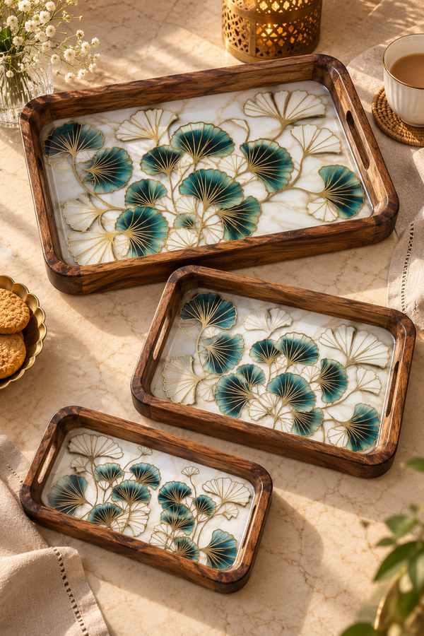 Flower Print Mango Wood Serving Trays, Set of 3 (S, M, L)