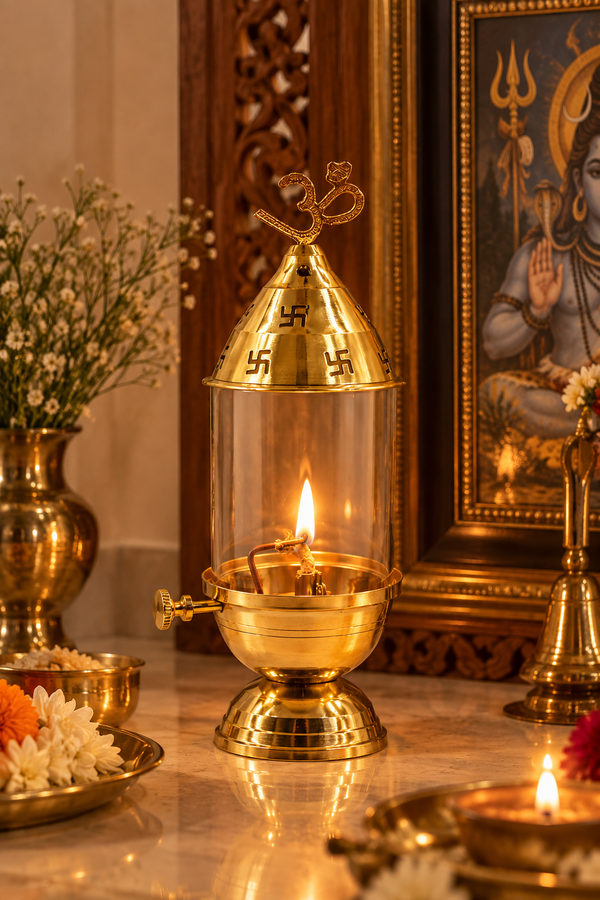 Brass Akhand Jyot Oil Lamp with Adjustable Wick — Om & Swastik Tower