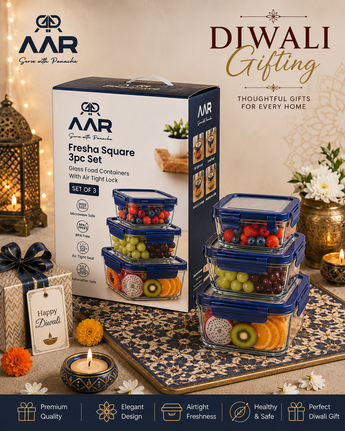 AAR Fresha Square Glass Container Set 3 pc