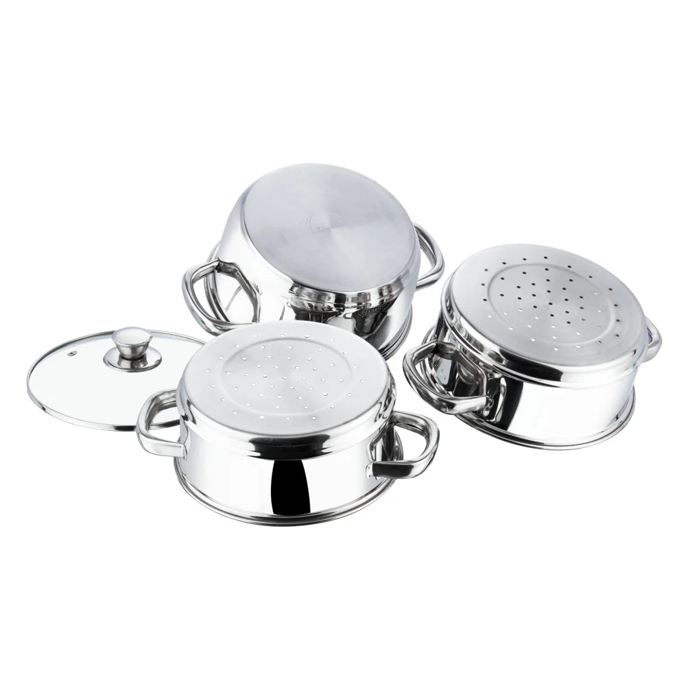 3 TIER STEAMER SET [WITH GLASS LID]  (Induction-Friendly, 2.5 mm Base Thickness)