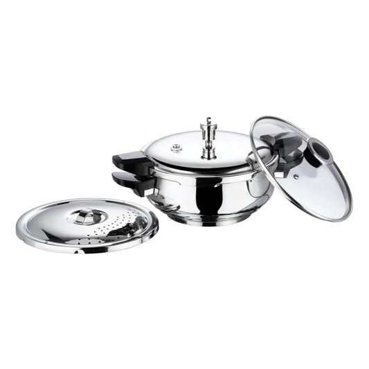 18/8 STAINLESS STEEL MAGIC PRESSURE COOKER [WITH 2 EXTRA LIDS]  (Induction-Friendly,  5 mm Aluminium Bottom Thickness, Silicone Gasket)