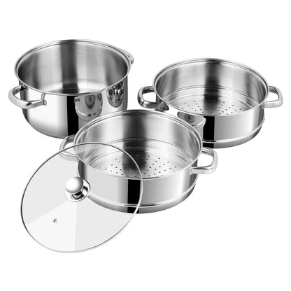 3 TIER STEAMER SET [WITH GLASS LID]  (Induction-Friendly, 2.5 mm Base Thickness)