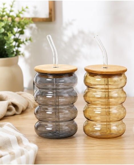 Bubble Design Glass Tumbler with Bamboo Lid & Glass Straw (Set of 3 · Buy 1 Get 2 Free)