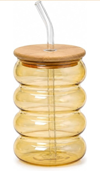 Bubble Design Glass Tumbler with Bamboo Lid & Glass Straw (Set of 3 · Buy 1 Get 2 Free)