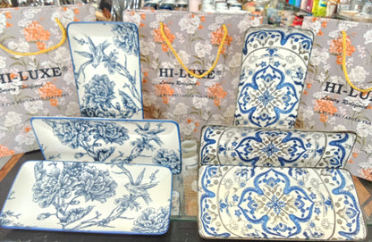 HI-LUXE Blue Floral Rectangle Platter (Set of 3 · Buy 1 Get 2 Free)