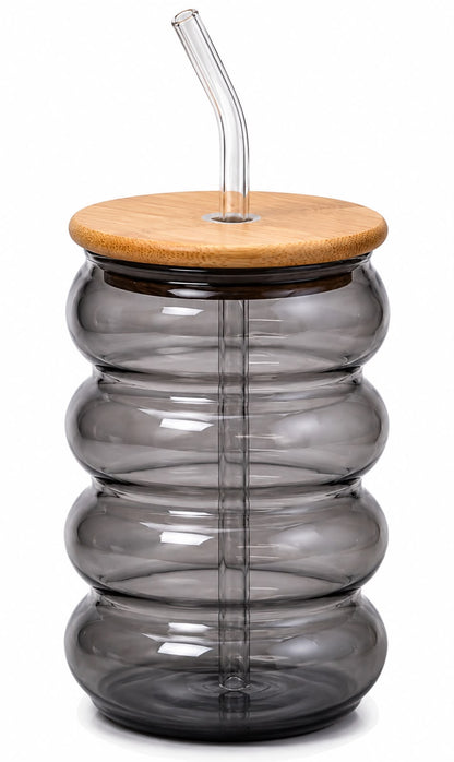 Bubble Design Glass Tumbler with Bamboo Lid & Glass Straw (Set of 3 · Buy 1 Get 2 Free)